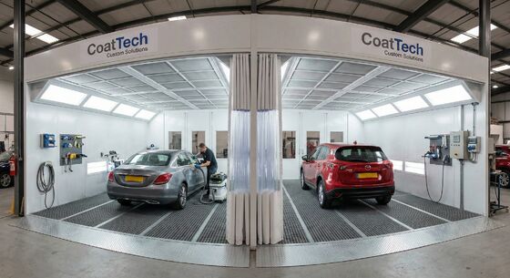 CoatTech Infrared Paint Curing Preparation Station with Overhead Rail System and Short-Wave IR Heater Cassettes